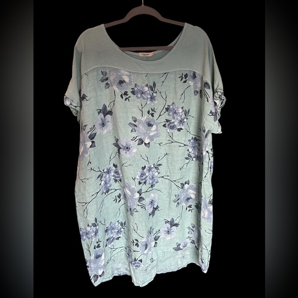 LUNGO L’ARNO Linen Floral Seafoam Green Shift Dress Tunic Made in Italy 2X - Picture 1 of 12